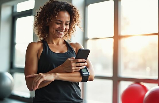 Smiling woman checks phone and glucose monitor after exercise. Fit latina at gym smiles, using health app, preparing for daily routine. Active lifestyle. - Powered by Adobe