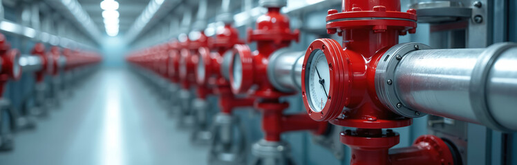 Industrial building features rows of red fire sprinkler pipes and gauges. Water systems protect structures from potential harm. Safety equipment is vital for large scale operations.