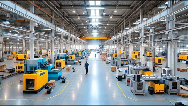 Large industrial workspace showcasing advanced machinery and organized equipment in a modern factory setting during daylight