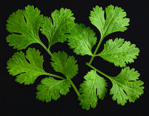 Fresh coriander leaves isolated on a black background