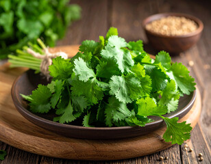 Fresh coriander leaves on a wooden background