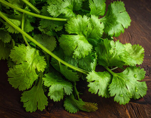 Fresh coriander leaves on a wooden background