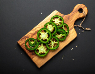 Fresh jalapeno slices on a wooden cutting board. Isolated on a black background.