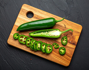 Fresh jalapeno slices on a wooden cutting board. Isolated on a black background.