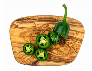 Fresh jalapeno slices on a wooden cutting board. Isolated on a white background.