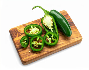 Fresh jalapeno slices on a wooden cutting board. Isolated on a white background.