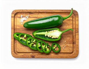 Fresh jalapeno slices on a wooden cutting board. Isolated on a white background.