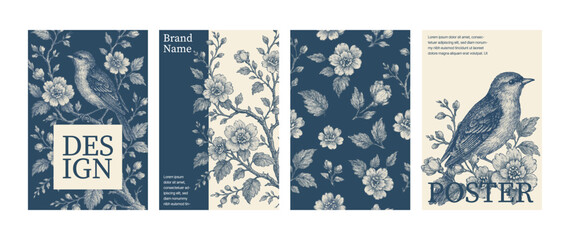 Elegant vector set of posters in toile de Jouy style with birds and floral elements. Perfect for branding, packaging, wall art, and vintage-inspired design projects.