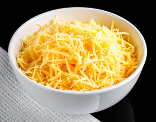 A bowl of grated cheese isolated on a black background