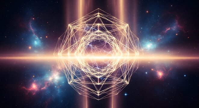 Divine sacred geometry, glowing complex polygon in universe, vibrant nebulae, stars, horizon light beam