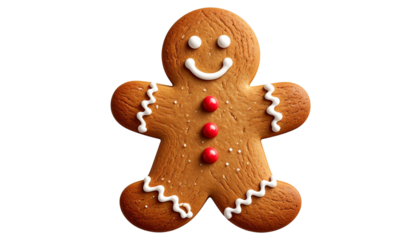 A realistic PNG of a gingerbread cookie — classic holiday treat shaped with warm brown color, sugar icing details, and festive charm. Perfect for Christmas themes, bakery graphics, menus, and seasonal