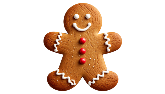 A realistic PNG of a gingerbread cookie — classic holiday treat shaped with warm brown color, sugar icing details, and festive charm. Perfect for Christmas themes, bakery graphics, menus, and seasonal