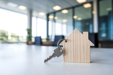 Projet immobilier, crédit maison, permis de construire, location, assurance, porte clé en forme de maison, espace vide pour du texte