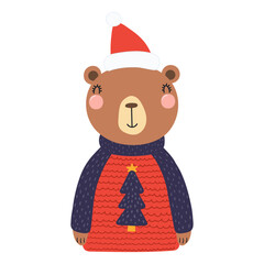 Bear in a Santa Claus hat, ugly sweater isolated on transparent. Hand drawn flat vector illustration. Cute cartoon character. Traditional Christmas, New Year design element, clip art