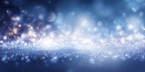 Abstract cold blue background featuring a sparkling, shimmering layer of glitter particles and bright white bokeh light effects with copy space.