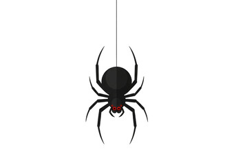 A horrifying black spider descending on a single strand with glowing four red eyes against a transparent background