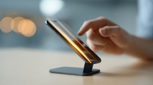 Close-up of hand interacting with smartphone on stand with glowing light streaks representing fast digital communication