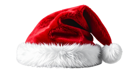 A realistic PNG of a Santa cap — classic red and white Christmas hat with soft fur trim and pom-pom. Perfect for holiday designs, festive promotions, greeting cards, and seasonal graphics.