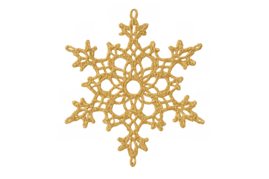 Golden crochet snowflake ornament for winter season and christmas holiday decoration, handmade festive textile design
