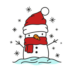 Cute snowman. Black outline linear silhouette. Editable strokes. Front view. Vector simple flat graphic illustration. Isolated object on a white background.