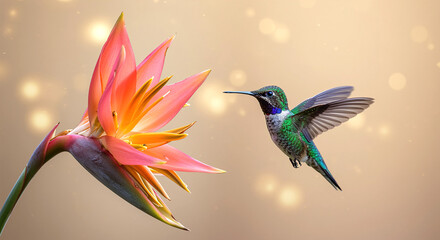 Fototapeta premium Hummingbird flying near a tropical flower nature wildlife wings