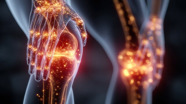 closeup of hands knees with glowing skeletal structures illustrating joint health issues like rheumatoid arthritis damage focuses on inflammation pain treatment strategies including physical