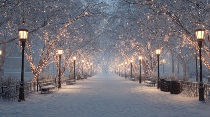 snowy path lined with trees decorated with lights and street lamps in a winter wonderland scene