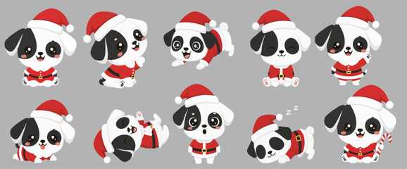 Naklejka premium Christmas Dog Vector Set – Cute Puppy in Santa Costume Cartoon Illustration Collection