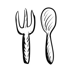Hand-drawn sketch of a fork and spoon, iconic symbols of dining and food preparation, rendered in black and white for versatility