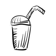 Hand drawn sketch of a refreshing beverage in a disposable cup with a straw for a quick refreshment