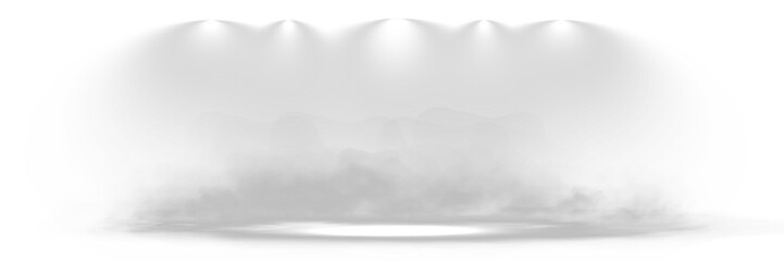 Naklejka premium Stage spotlight effect with multiple white beams illuminating smoke and fog on transparent background.