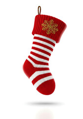 christmas stocking with gold snowflake, christmas red white striped sock, holiday festive decor for gifts
