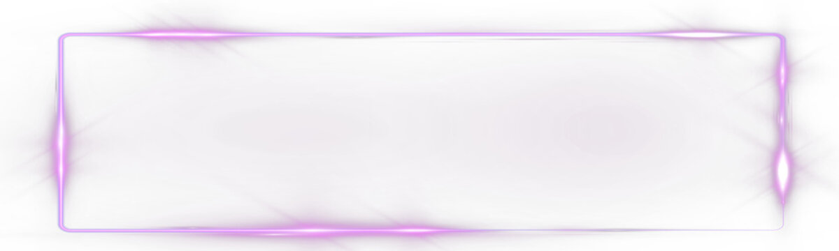 Glowing neon purple frame, luminous rectangular border with bright flare corners and electric light effect on transparent background.