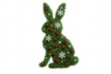 Christmas rabbit outline shaping a pine branch decorated with red ornaments and snowflakes, transparent background