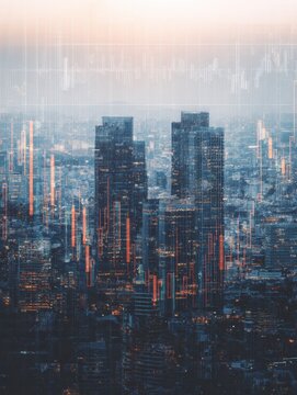 stock market business concept with financial chart with diagram and graphs at megapolis city background double exposure no logos no brands ar 34