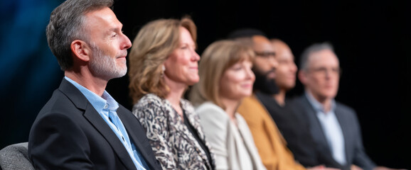 Fototapeta premium Diverse group of professional adults sitting in a row attentively listening during a conference or seminar event indoors