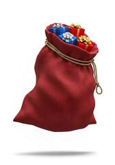 christmas gift sack with presents, christmas red bag filled with gifts, festive holiday sack with colorful boxes
