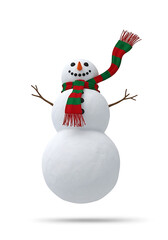 christmas snowman with red scarf, christmas cartoon snowman with green hat, festive holiday snowman with raised arms
