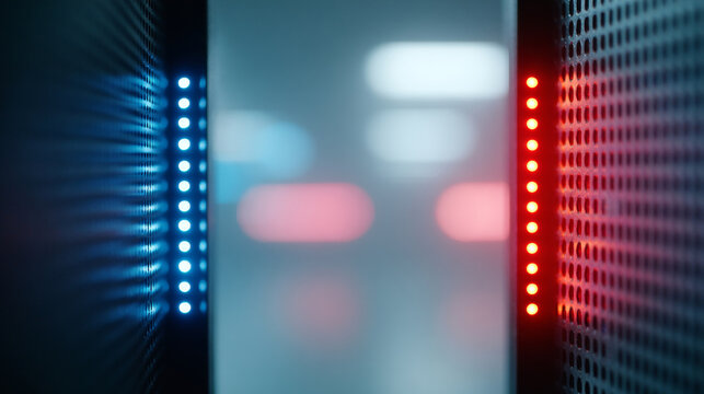 Close-up of server racks with glowing blue and red LED lights in a data center environment with blurred background