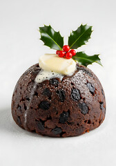 christmas pudding with cream and holly, christmas fruit dessert with festive garnish, holiday cake with dried fruits and butter
