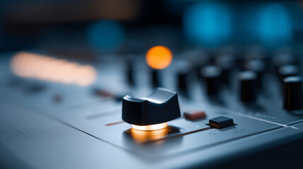 Close-up of illuminated control knob on professional audio mixing console with blurred background and soft lighting