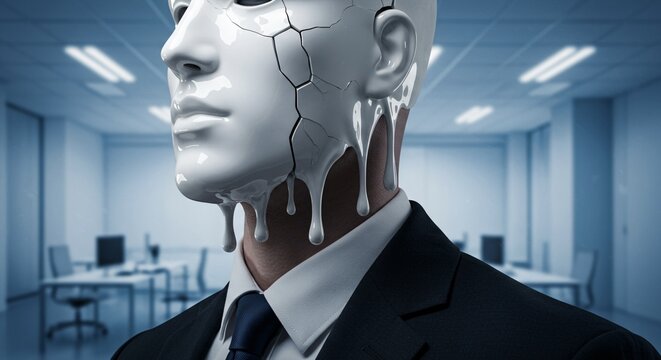 Businessman in suit with a cracking and melting white mask face. Surreal abstract concept of corporate stress, burnout, imposter syndrome, and mental health crisis in the modern workplace.