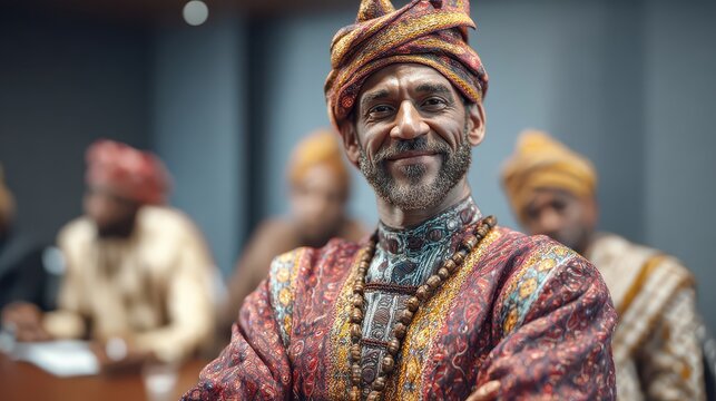 person in traditional attire presenting at an event his confident smile and poised posture convey leadership and expertise audience in background indicates significance