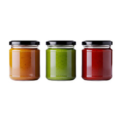 Three glass jars of colorful sauces isolated on transparent background