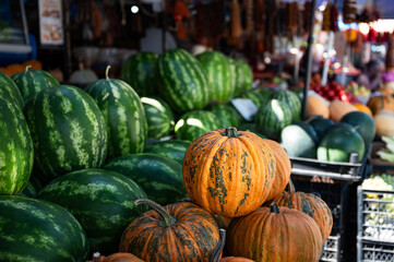 Pumpkins and watermelons at a market stall in Tbilisi; Georgia