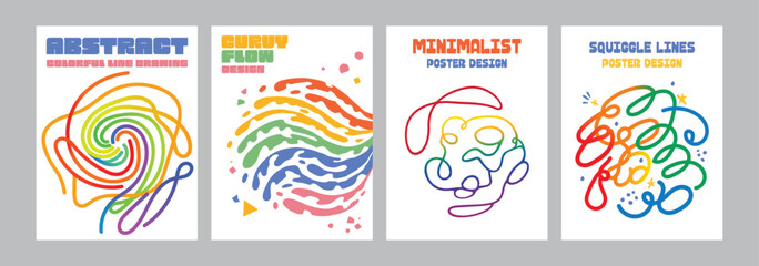 Set of four abstract colorful line drawing designs with fluid shapes and rainbow color palettes perfect for modern art posters