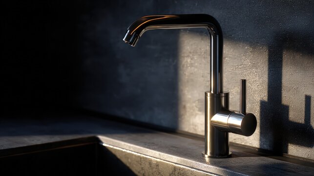 Contemporary kitchen faucet standing on stylish countertop, copy space