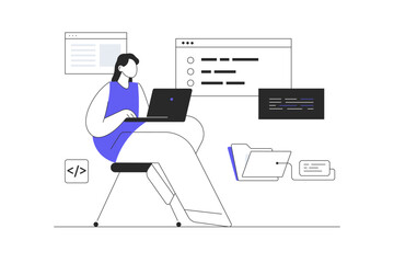 Programming and coding concept. Technology process of software development. Full Stack Developer. Flat Cartoon Vector Illustration, icon Stylish abstract design landing page web
