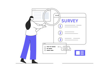 Online survey concept. Online testing, examination in mobile app, answering in digital form, feedback. Survey questionnaire Flat Cartoon Vector Illustration, icon Stylish abstract design landing page 