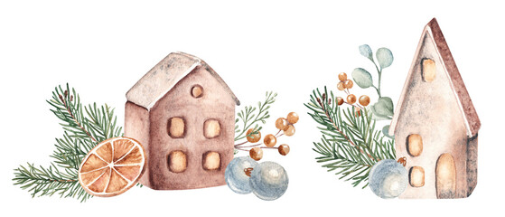 Christmas Watercolor Compositions set. Ceramic houses with Fir Branches, orange and eucalyptus. Cozy home decoration in Rustic style. Hand drawn illustration isolated on a background. For Christmas or